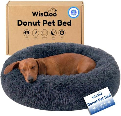 Calming Donut Dog Bed – Faux Fur Anti-Anxiety Pet Bed with Removable Washable Cover & Water-Resistant Liner – Plush Fluffy Round Nest, Non-Slip Bottom for Dogs & Cats - Dark Grey, Large