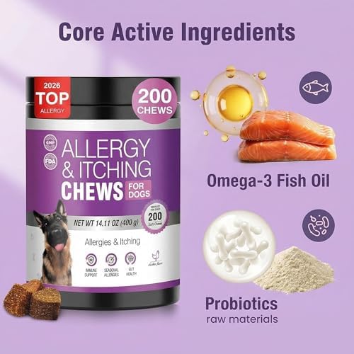 Dog Allergy Relief Chews for Itchy Skin – Anti Itch & Immune Support Supplement for Dogs, with Salmon Oil, Probiotics & Colostrum, Skin & Coat Health, Reduce Paw Licking, 200 Soft Chews