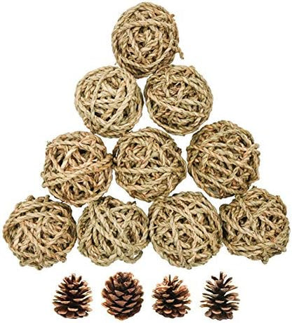10 Pcs Small Animals Play Balls Rolling Activity Chew Toys Gnawing Treats for Rabbits Guinea Pigs Chinchilla Bunny Natural Balls, Pet Cage Entertainment Accessories(10Pcs)