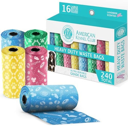 AKC Dog Poop Bags, 240 Count – 16 Rolls, 13 x 9 in Leak-Resistant Pet Waste Bags, Easy-Tear Bags, Assorted Colors