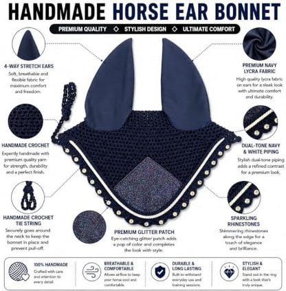 Horse Ear Bonnet for Horses – Handmade Crochet Fly Veil with Crystal Stones, Glitter Patch, Breathable Stretch Ears, Horse Fly Bonnet Ear Bonnet for Riding (Navy Blue, Pony)