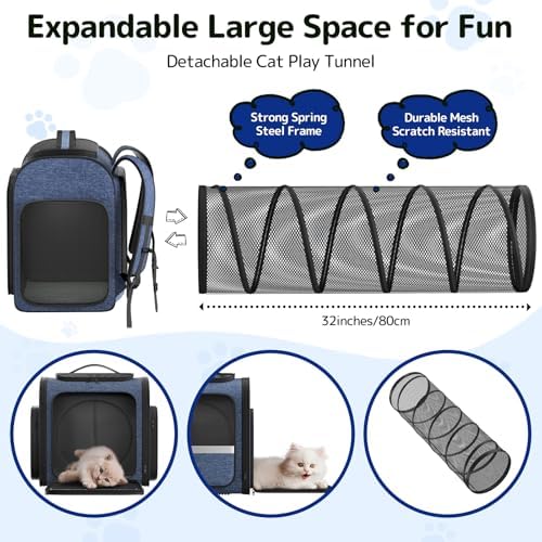 Pawtners Cat Backpack with Play Tunnel, Design for Carrying Playing Blue