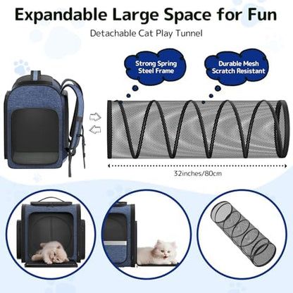 Pawtners Cat Backpack with Play Tunnel, Design for Carrying Playing Blue