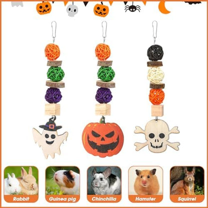 FiveBull Bunny Chew Toys, Natural Guinea Pig Toys,3pcs Perfect Chews Hanging Wood Chew Toy for Pet Rabbits Guinea Pigs Chinchillas Hamsters Rats and Other Small Animals Teeth Grinding Halloween Themed