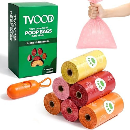 Dog Poop Bags Rolls 240 PCS– Extra Thick Leak Proof 4 Color Mix with Holder