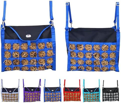Majestic Ally Animal Health Hay Bag for Horses, 2.5" Holes, Top Load, Travel Feeder, Reduces Waste, 1 Year Warranty, Multiple Colors (Royal Blue-Black)