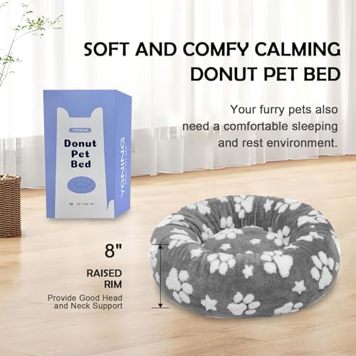 Donut Dog Beds for Medium Dogs, Calming Round Cat Beds, Grey, 30"
