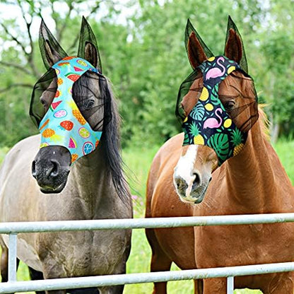 Weewooday 2 Pieces Horse Fly Masks for Horses Soft Fly Masks for Ears Smooth and Elasticity Mask with UV Protection(Fruit Pattern,M)