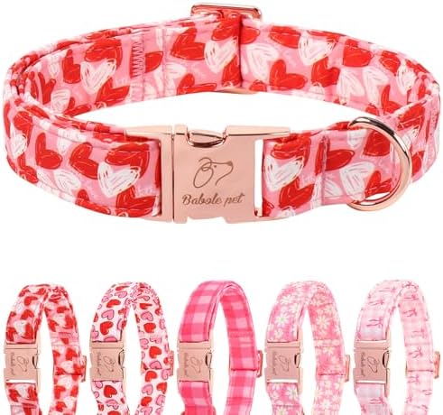 Valentines Dog Collar, Cute Pink Valentine Dog Collars, Doodle Heart Pattern, Adjustable Heavy Duty Pet Collar for Small Medium Large Dogs with Metal Buckle XL