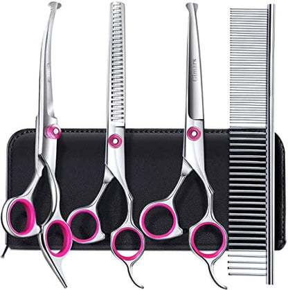 Gimars Dog Grooming Scissors Kit Professional 4CR with Safety Round Tip, 5 in 1 Heavy Duty Titanium Coated Thinning & Curved & Straight Shears