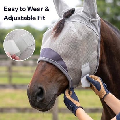 Horse Fly Mask, Super Comfort Fly Masks for Horses, Adjustable UV Protection Breathability Horses Fly Masks with Ears, Pony Mini Equine Fly Mask for Miniature Foal Draft Cob Srabian Full (Gray, M)