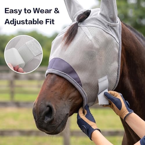 Horse Fly Mask with Ears - UV Protection Fine Mesh Super Comfort Fly Masks for Horses, Adjustable Breathability Horses Masks, Pony Equine Fly Mask for Miniature Foal Draft Cob Srabian Full (Gray, L)