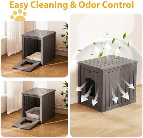 Cat Litter Box Enclosure, Multi-Functional Enclosed Cat Litter Box Furniture, Outdoor Cat House Weatherproof, Openable Front Door & Raised Floor, Easy to Clean & Assemble, Grey