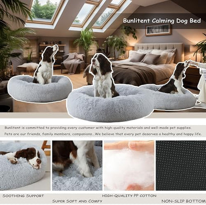 Bunlitent 30 inch Donut Dog Bed, Calming Dog Bed for Medium Sized Dog, Grey