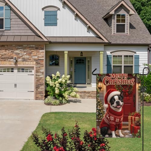 Merry Christmas House Flag 28x40 Inch Boston Terrier Santa Hat Red Sweater Wreath Gift Holiday Farmhouse Outdoor Yard Lawn Front Porch Welcome Double Sided Banner Decor