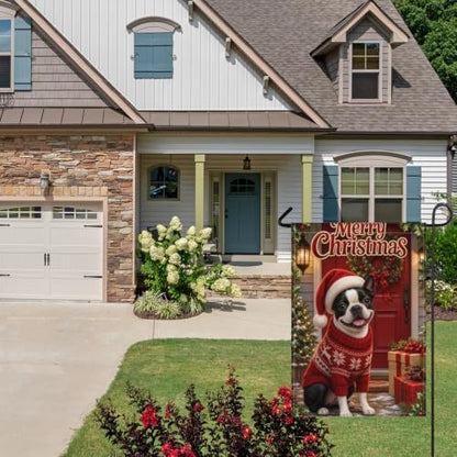 Merry Christmas House Flag 28x40 Inch Boston Terrier Santa Hat Red Sweater Wreath Gift Holiday Farmhouse Outdoor Yard Lawn Front Porch Welcome Double Sided Banner Decor