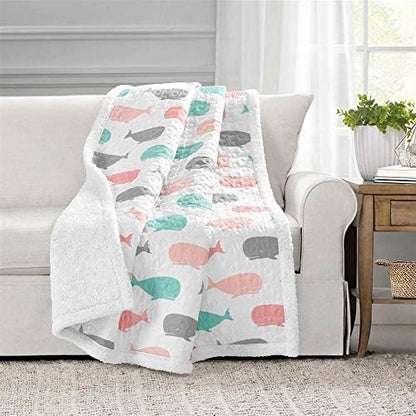 Lush Decor Whale Throw | Ocean Animal Print Fuzzy Reversible Sherpa Blanket - 60” x 50”, Pink & Aqua