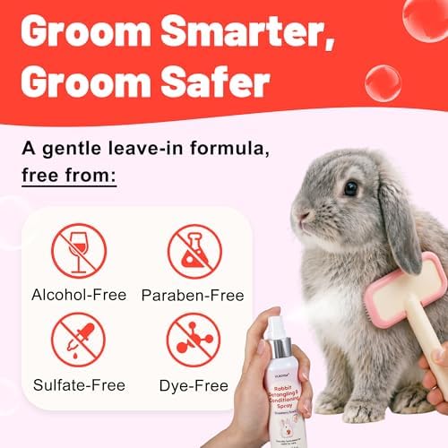 Rabbit Detangler & Conditioner Spray – Quickly Removes Tangles | Softens & Moisturizes Fur with Coconut & Jojoba Oils | Gentle for Small Pets, Leave in, 3.38 fl oz (Strawberry)