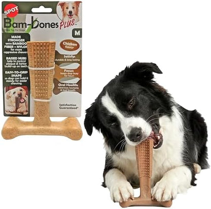 SPOT Bam-Bones Plus T-Bone Dog Chew Toy, Bamboo Fiber & Nylon, Chicken Flavor, Durable Non-Splintering Chew for Moderate to Aggressive Chewers, Dogs 30-60 lbs, 6 Inch