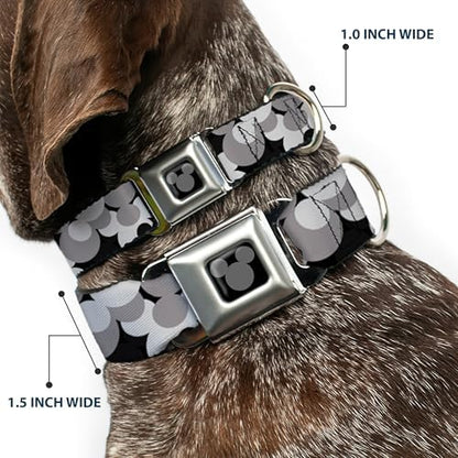 Dog Collar Seatbelt Buckle Mickey Mouse Head Stacked Black Grays 16 to 23 Inches 1.5 Inch Wide, DC-WDY349-WM
