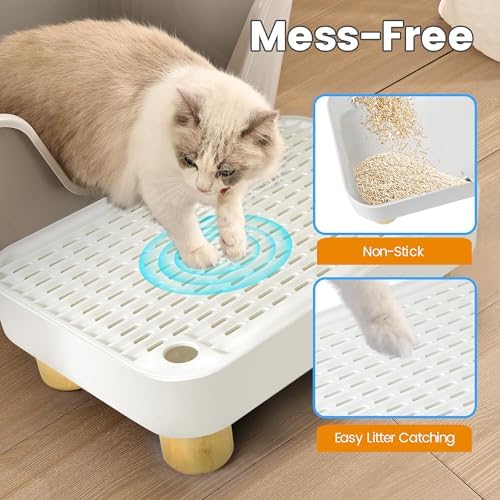 Litter Box Step, Litter Box Ramp/Catcher with Wooden Base, Anti-Tracking & Easy to Clean, Ideal for Small & Elderly Cats 11.8"x7.9"x3.6" (White)