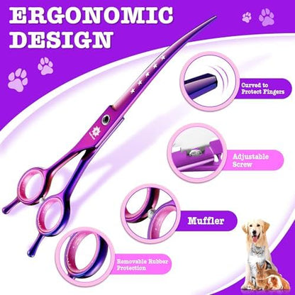 Dream Reach Dog Grooming Scissors - 7" Professional 6 in 1 Pet Scissors Sharp and Durable Shears Set Thinning, Chunker, Straight, Curved Shears and Comb for Dog Cat Pets, Purple