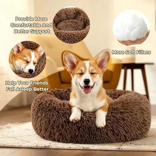 Calming Donut Dog and Cat Bed for Indoor Cats, Anti-Anxiety Round Fluffy Soft Washable Small Pet Bed for Puppy and Kitten, Warming Comfortable Luxury Anti-Slip Waterproof Mute Base 20in Coffee