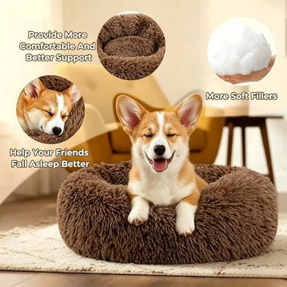 Calming Donut Dog and Cat Bed for Indoor Cats, Anti-Anxiety Round Fluffy Soft Washable Small Pet Bed for Puppy and Kitten, Warming Comfortable Luxury Anti-Slip Waterproof Mute Base 20in Coffee