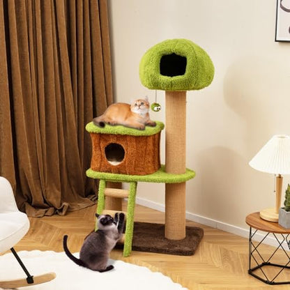 PETSITE 56-inch Forest-Themed Cat Tree, Multi-Level Cat Tower with 2 Cute Condos, Climbing Ladder, Teasing Ball, Sisal Posts, and Removable Cushion, Modern Cute Cat Tree for Indoor Cats
