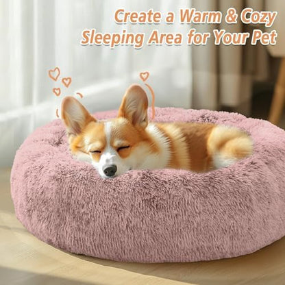 JOLLYVOGUE Calming Dog Bed Medium Size Dog, Anti-Anxiety Donut Medium Pet Bed, 27 inches Fluffy Faux Fur Round Cat Bed (Dark Pink)