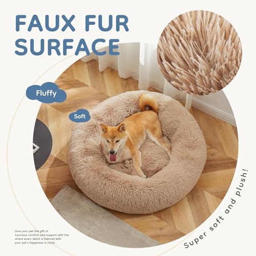 DUMOS 37.4 Inch Large Donut Dog Bed for Indoor Use, Fluffy Faux Fur Plush