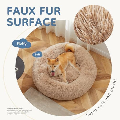 DUMOS 37.4 Inch Large Donut Dog Bed for Indoor Use, Fluffy Faux Fur Plush