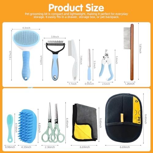 Aglads 12 in 1 Pet Grooming Kit, Dog Grooming Supplies with Self Cleaning Slicker Brush, Dematting Comb, Safety Nail Clippers, for Small Medium Large Dogs Cats Rabbits Long Short Curly Hair(12, blue)