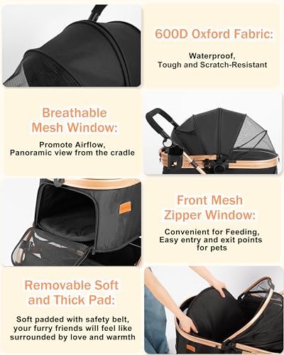 Dog Stroller for Medium Dogs Up to 52 Lbs, Cats Stroller for 2 Cats, 3 in 1 Pet Stroller with Bag Holder for Leashes, 3-Roll Poop Bags, 600D Waterproof Oxford Fiber, Adjustable Handle (Black)