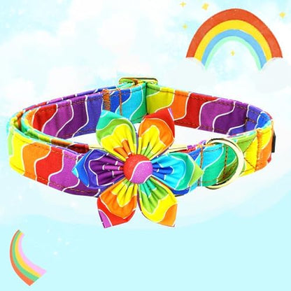 Rainbow Dog Collar, Rainbow Stripes Collar with Flower for LGBT Pride Month Holiday Dog Collar Flowers Adjustable Collar for Small Medium Large Dogs