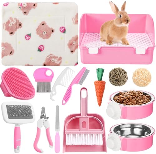 Reallnaive 15 Pcs Rabbit Starter Kit Small Rabbit Litter Box Girls Gift Animal Grooming Kit Bunny Toys Bowl Blankets with Cleaning Set for Guinea Pig Accessories(Light Pink)