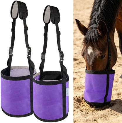 Horse Feed Bags for Grain, Breathable Muzzle Feed Bags for Horses, Universal Mesh Feedbag for Feeding Grain, Anti-Spill Design Feeder, Durable Nose Bag with Solid Bottom (Purple)