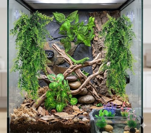 Reptile Plants for Terrarium Tank – Bearded Dragon Tank Accessories, Artificial Hanging Plant Vines, Habitat Decor & Hide for Crested Gecko, Lizard, Snake, Chameleon and Ball Pythons (Group A)