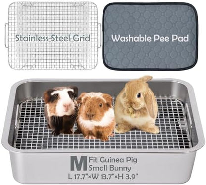 MEEXPAWS Guinea Pig Stainless Steel Litter Box with Raised Grid and Washable Pad,Small Bunny Rabbit Litter Pan High Side, Ferret Rat Litter Box, Small Animal Toilet Potty Tray Easy Clean,Less Stink
