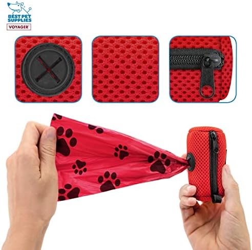 Best Pet Supplies Dog Poop Bag Holder Leash Attachment with Reusable Dispenser for Travel, Walking, Park, and Outdoor Use, Durable with Clip-On - Red, Pack of 2, Mesh Dispenser w/30 Bags