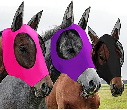Weewooday 3 Pcs Horse Fly Mask with Ears, M, Purple,Pink,Black