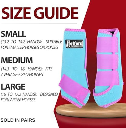 Jeffers Expression Neon Protective Horse Boots, 1 Pair, Turquoise & Purple – Breathable Neoprene, Secure Straps Closures – Durable Protection for Front & Hind Legs, Trail & Riding Use - Medium