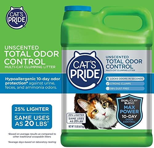 Cat's Pride Max Power: Total Odor Control - Up to 10 Days of Powerful Odor Control - Strong Clumping - Hypoallergenic - 99% Dust Free - Multi-Cat Litter, Unscented, 15 Pounds (Pack of 2)