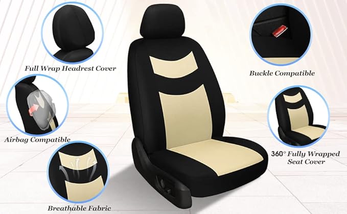 Universal Car Seat Covers for Front Seats, Cloth Front Car Seat Cover, Easy to Install, Breathable and Washable Universal Interior Covers for Auto, SUV, Sedan, Van, Airbag Compatible, Black & Beige