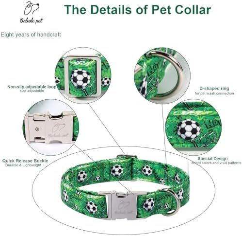 Cute Dog Collar, Green Soccer Boy Dog Collars - Soft Adjustable Everyday Collars for Small Medium Large Dogs, Durable Metal Buckle Male Dogs Collar S