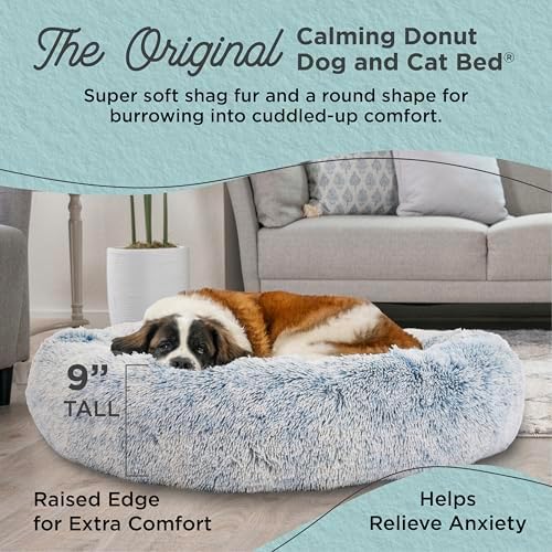 Best Friends by Sheri The Original Calming Donut Dog Bed for Extra-Large Dogs up to 150 lbs, Shag Faux Fur, Denim Blue, 45" x 45"