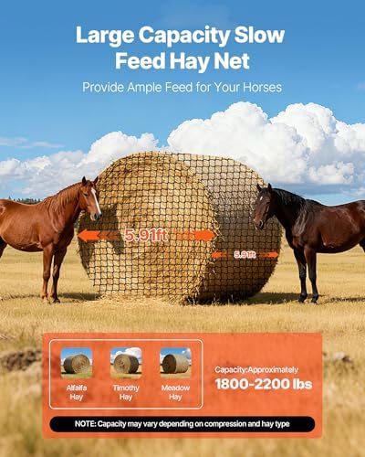 VEVOR Round Bale Hay Net, 5.91 x 5.91 x 5.91 ft, 1.5 inch Holes, PE Material, Knotless Design, with Zip Ties, Needle Shuttle, Repair Twine and Storage Bag, Slow Feeder Round Bale Net for Horses