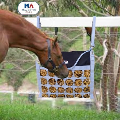 Majestic Ally Animal Health Hay Bag for Horses, 2.5" Holes, Top Load, Travel Feeder, Reduces Waste, 1 Year Warranty, Multiple Colors (Gray-Black)
