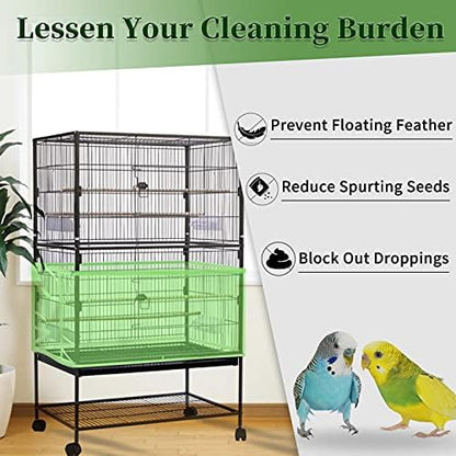 Daoeny Large Bird Cage Cover, Bird Cage Seed Catcher, Adjustable Soft Airy Nylon Mesh Net, Birdcage Cover Skirt Seed Guard for Parrot Parakeet Macaw African Round Square Cages (Green)