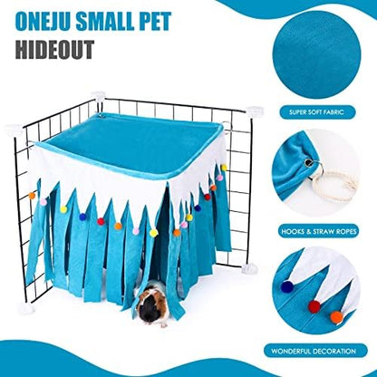Guinea Pig Hideout - Guinea Pig Corner Hideout, Four-Sided Fringes, Square Top and Washable Hides, Ideal Hides for Small Pets, No Metal Fences, Blue